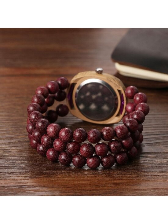 Women Red And Colorful Dial Analog Buddhist Beaded Bracelet Elastic Wooden Watch main image 6